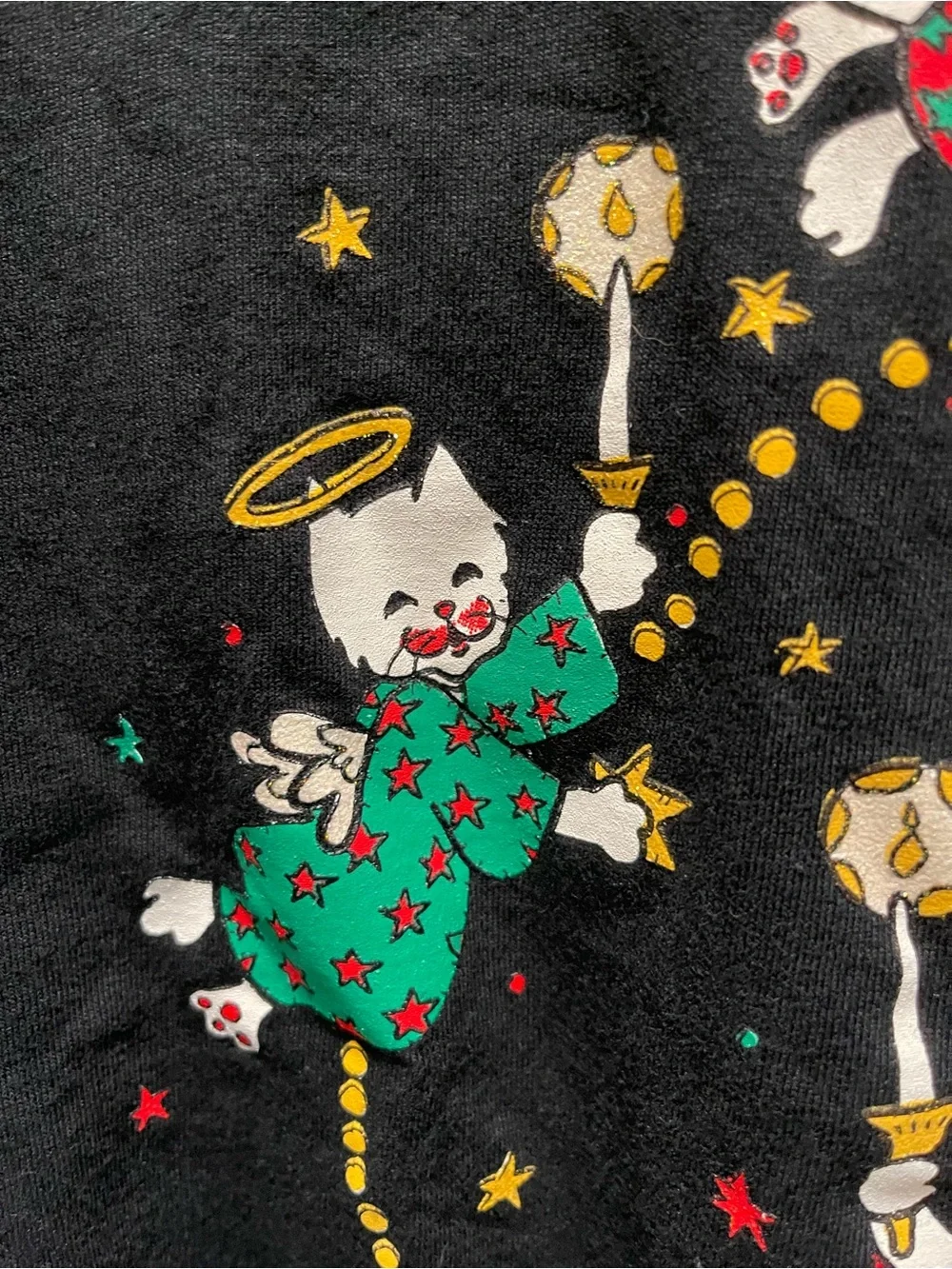 Vintage 90s Jerzees Cat Angel Christmas T Shirt L Black Holiday Graphic USA